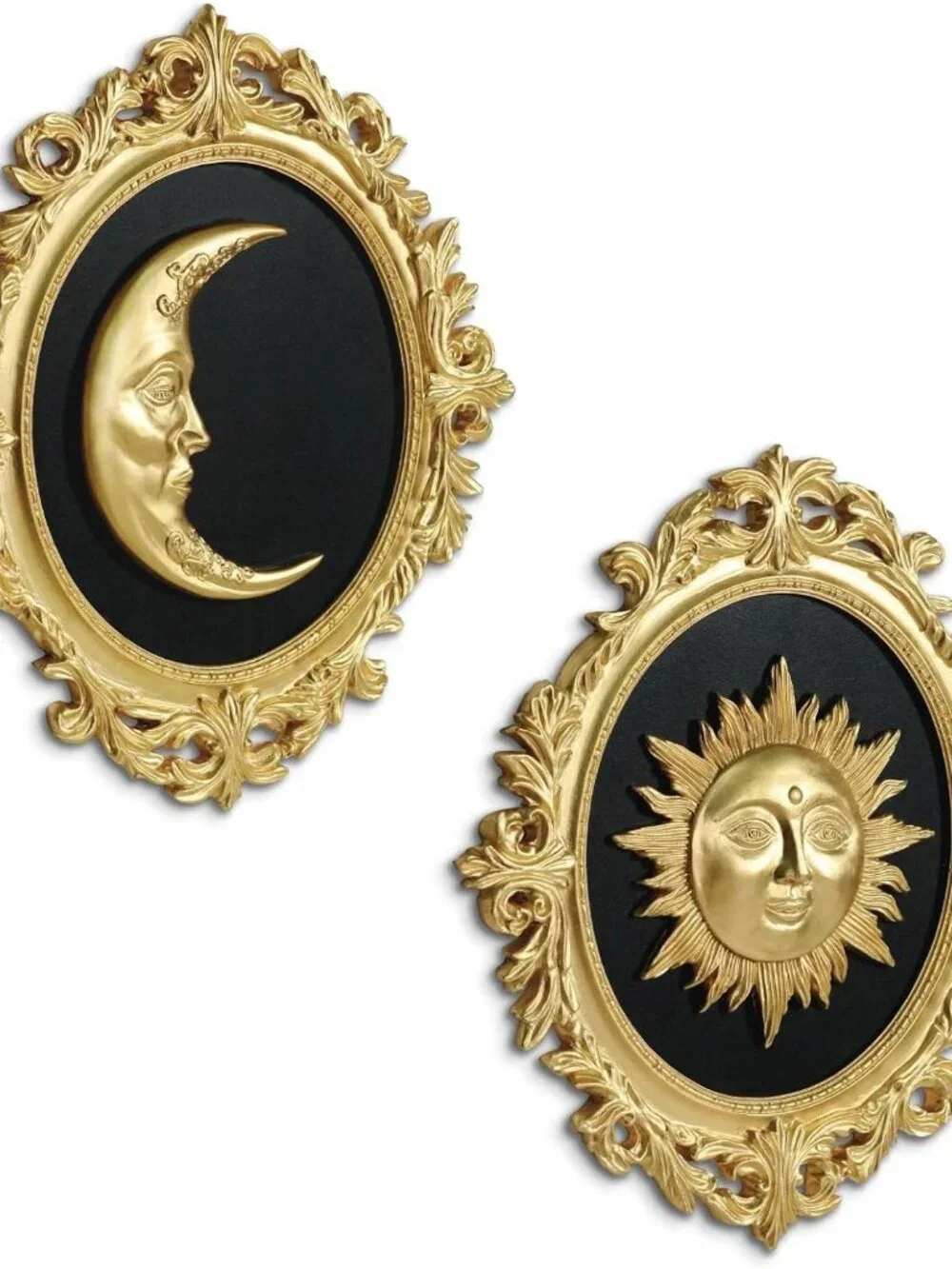 Baroque Sun Moon Wall Decor Set, 2-Piece 3D Ovals Gold Resin Relief on Black Bac
